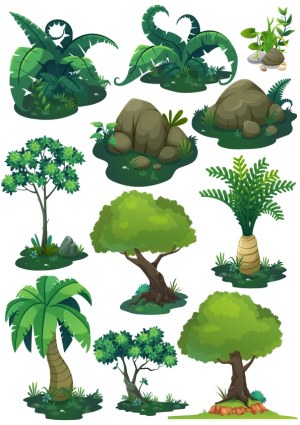 Vector Set of Various Jungle Trees, Plants, and Rocks Free Vector
