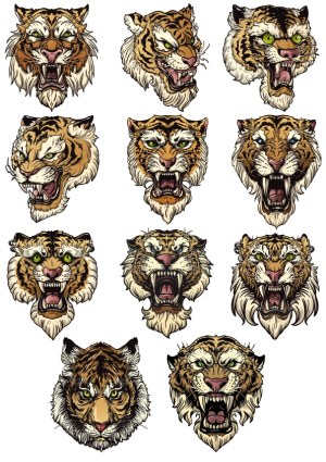 Set of Ten Detailed Angry Tiger Head Vectors Free Vector