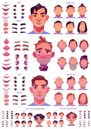 Male Face Construction Elements with Hairstyles, Eyes, Lips, Noses, and Brows Free Vector