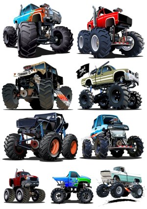 Set of Colorful Monster Truck Vector Illustrations Free Vector