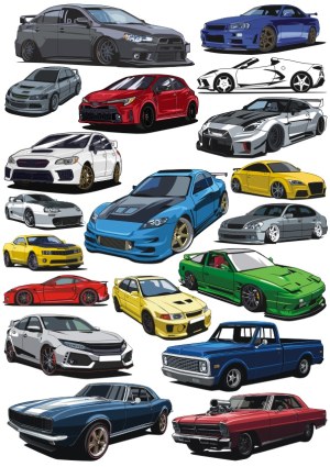 Collection of Illustrated Tuner and Classic Cars Vector Art Free Vector
