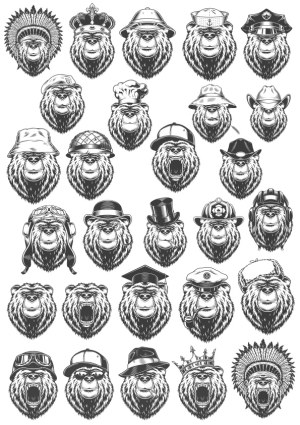 Set of Monkey Faces Wearing Various Character Hats and Headgear Free Vector