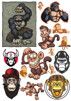 Collection of Cartoon and Fierce Monkey and Gorilla Vector Illustrations Free Vector