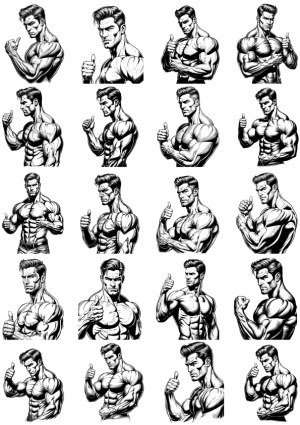 Set of Black and White Musclebound Man Thumbs Up Vector Illustrations Free Vector
