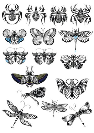 Tribal Style Insect Vector Collection with Spiders, Butterflies, and Dragonflies Free Vector
