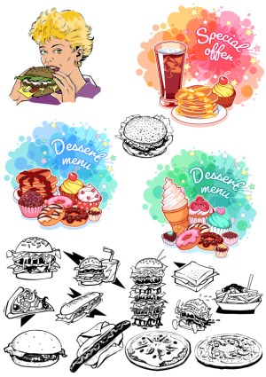 Vector Collection of Food Items and Dessert Menus with Woman Eating Burger Free Vector