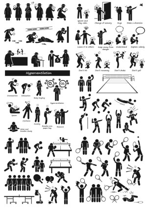 Black Silhouettes of Crime Scene, Hyperventilation Symptoms, and Table Tennis Actions Free Vector