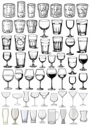 Vector Set of Various Drinking Glass and Wine Glass Illustrations Free Vector
