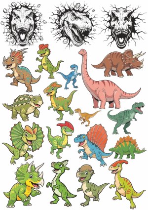 Collection of Cartoon Dinosaurs and Dinosaur Heads Breaking Through Wall Free Vector