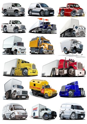 Collection of Stylized Cartoon Semi Trucks and Delivery Vans Free Vector