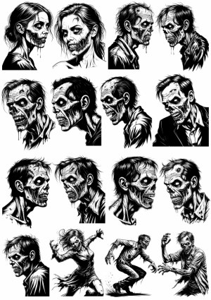 Detailed Black and White Zombie and Undead Figures Vector Set Free Vector