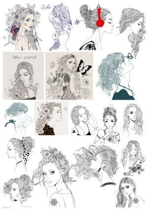 Stylish Female Portraits Vector Collection with Flowers and Butterflies Free Vector