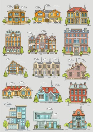 Detailed Collection of Various Residential House Vector Illustrations Free Vector