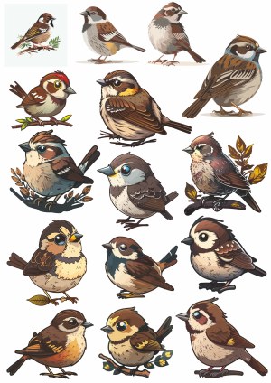 Detailed Vector Set of Various Small Birds on Branches Free Vector