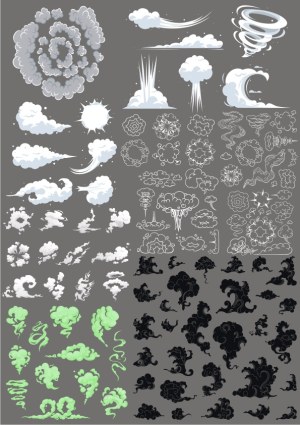 Set of Cloud, Smoke, Explosion, Tornado, and Wave Vector Illustrations with Line and Silhouette Styles Free Vector