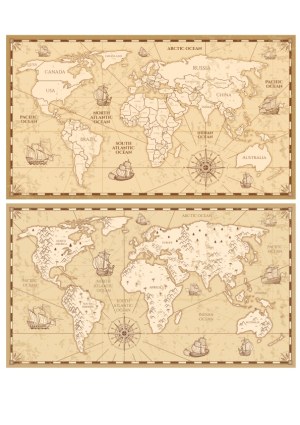 Antique-Style World Maps with Vintage Ships and Compass Roses Free Vector