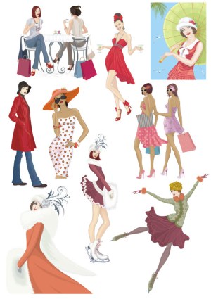 Stylish Women in Various Fashion Outfits and Activities Free Vector