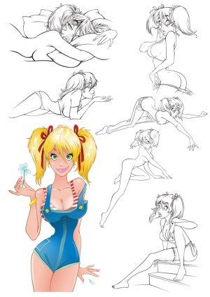 Animated Cartoon Girl Character Poses with Color and Line Art Free Vector