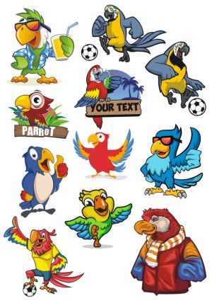 Colorful Cartoon Parrot Characters in Various Poses and Activities Free Vector