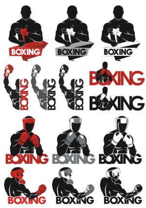 Boxing Fighter Silhouettes and Logo Variations Free Vector