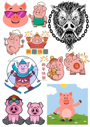 Collection of Cute Cartoon Pig Illustrations and Boar Head Tattoo Design Free Vector