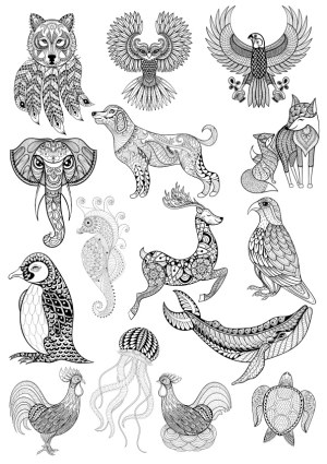 Intricate Black and White Animal Line Art Collection Free Vector