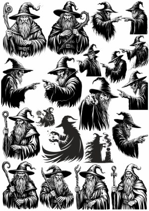 Vintage Wizard Illustrations and Silhouettes Collection Free Vector