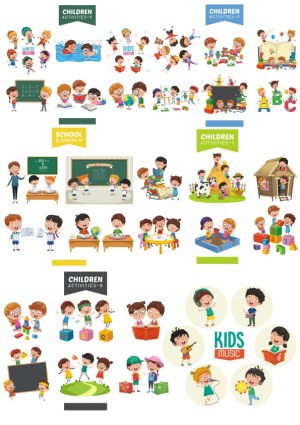 Children Engaged in Various Educational and Play Activities Vector Set Free Vector