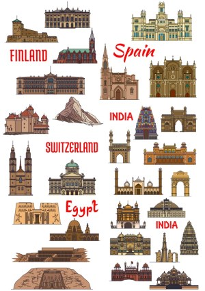 Vector Illustrations of Famous Monuments from Finland, Spain, Switzerland, India, and Egypt Free Vector