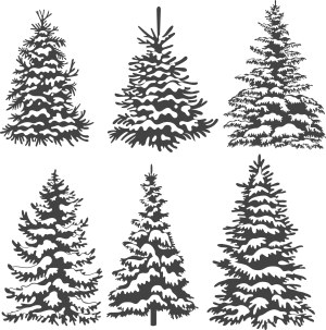 Set of Six Snow-Covered Pine Trees Silhouettes Free Vector