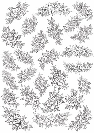 Black and White Floral Line Art Bouquet Set Free Vector