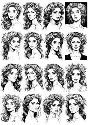 Black White Vector Portraits of Women with Flower Crowns Free Vector