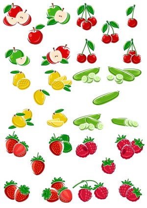Colorful Vector Set of Apples, Cherries, Mangoes, Cucumbers, Strawberries, and Raspberries Free Vector