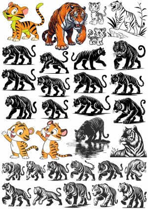 Variety of Tiger and Tiger Cub Vector Illustrations and Silhouettes Free Vector