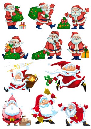 Cartoon Santa Claus Collection with Gift Bags and Festive Actions Free Vector