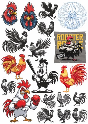 Collection of Colorful and Black Rooster Illustrations and Silhouettes Free Vector