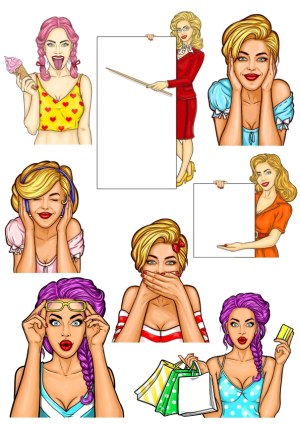 Set of Expressive Women in Pop Art Style with Various Poses and Accessories Free Vector