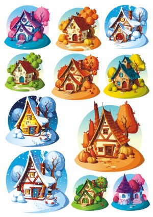Colorful Fairy Tale Cottages in Different Seasons Vector Set Free Vector