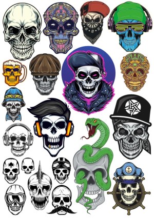 Collection of Skull Illustrations with Various Styles and Accessories Free Vector
