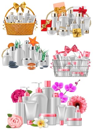 Cosmetic and Skincare Bottles with Gift Baskets and Flowers Vector Set Free Vector