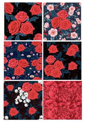 Seamless Red Rose and Floral Pattern Set Free Vector