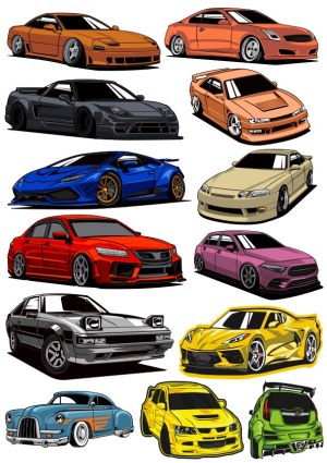 Set of Colored Vector Illustrations of Various Sports and Classic Cars Free Vector