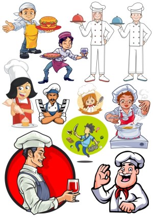 Collection of Chef and Cook Cartoon Characters with Food and Cooking Items Free Vector