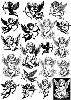 Vintage Black and White Cupid and Cherub Vector Illustrations Free Vector