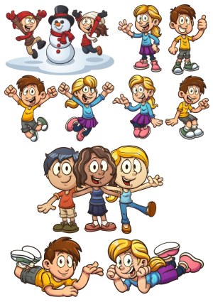 Happy Cartoon Kids and Snowman Vector Set Free Vector