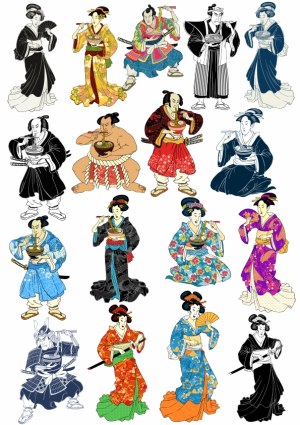 Traditional Japanese Ukiyo-e Style Characters Eating Noodles Vector Set Free Vector