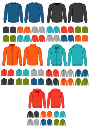 Vector Collection of Crewneck Sweatshirts, Sweaters, and Hoodies in Multiple Colors Free Vector