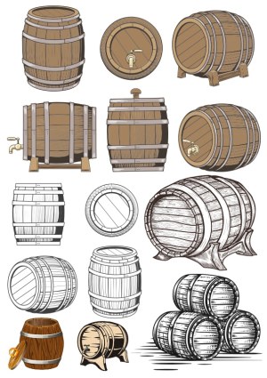 Collection of Vintage Wooden Barrels and Casks Vector Illustrations Free Vector