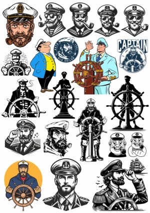 Collection of Vintage Captain and Sailor Illustrations Steering Ship Wheel Free Vector