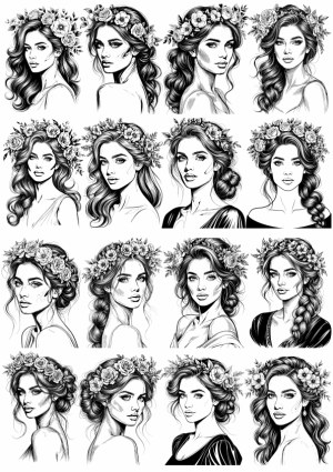 Black and White Portraits of Women with Floral Crowns Free Vector